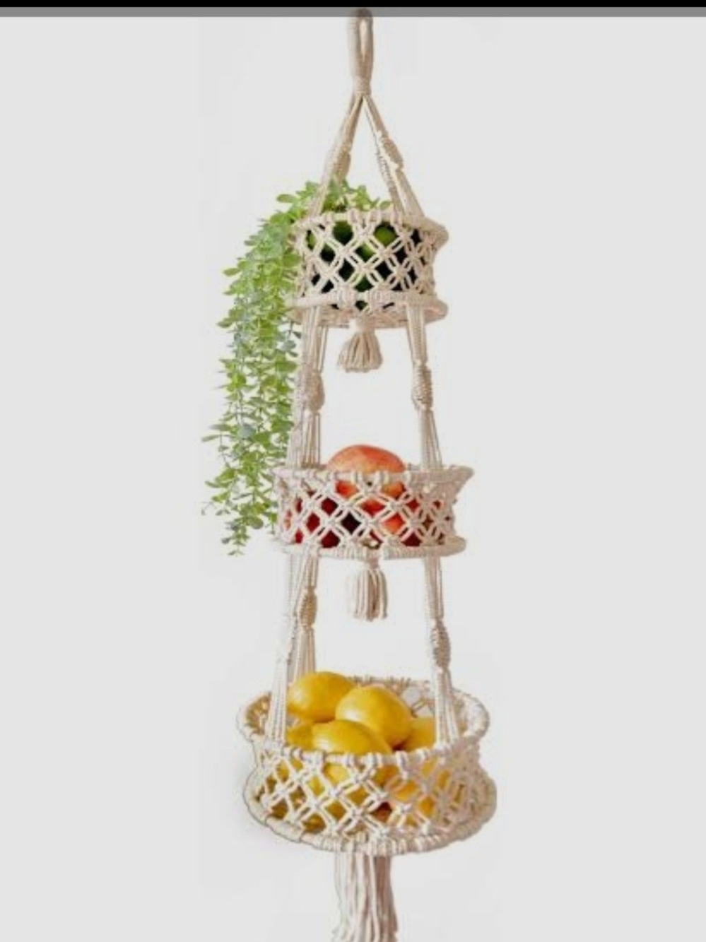 Boho Macrame Hanging 3-Tier Basket - Cream